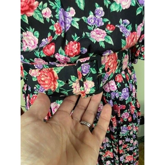 Vintage Karin Stevens Sz 10 Floral Modest Belted Midi Dress Cottagecore Prairie - Picture 3 of 13